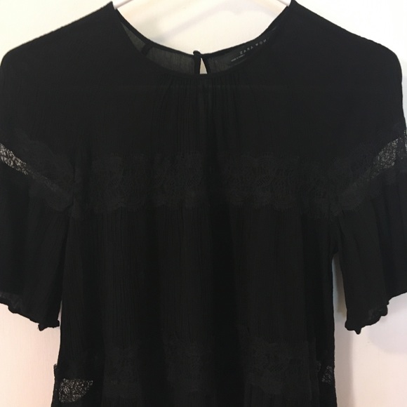 💕Zara Black Pleated Blouse w/2 Lace Panels S Sm - Picture 5 of 7